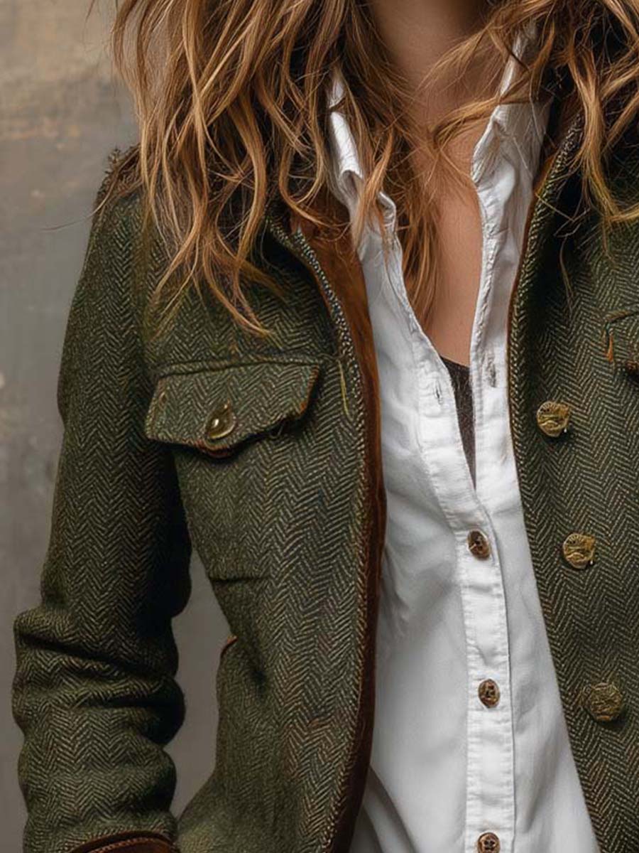 Honorine | Blazer Vintage de Espiga con Bordes en Contraste