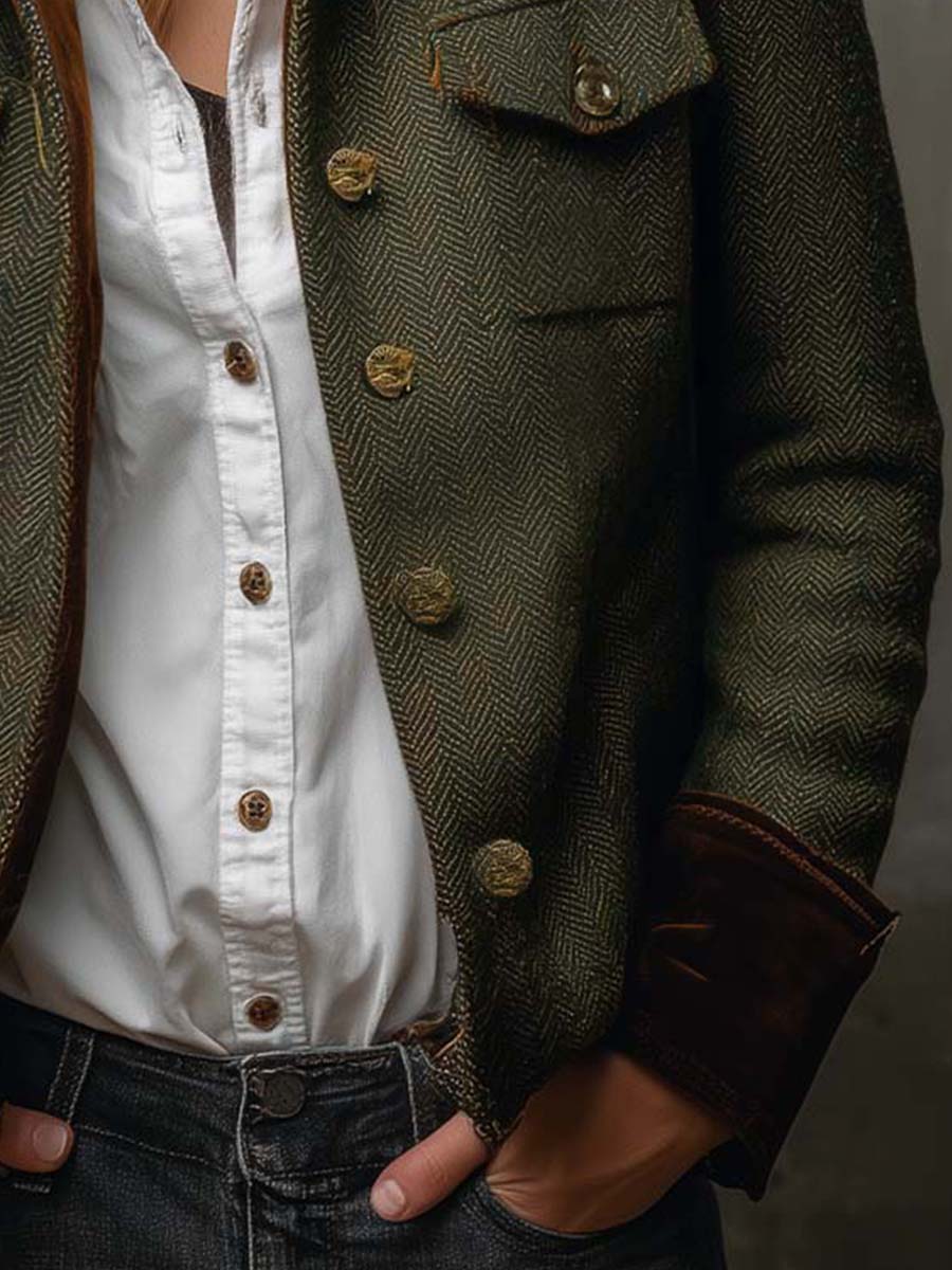 Honorine | Blazer Vintage de Espiga con Bordes en Contraste